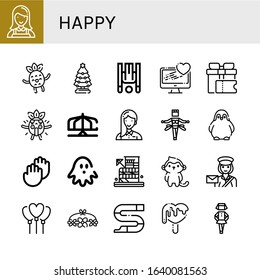 happy simple icons set. Contains such icons as Nanny, Happy, Christmas tree, Inversion therapy, Love, Gift, Surprised, Merry go round, Entrepeneur, can be used for web, mobile and logo