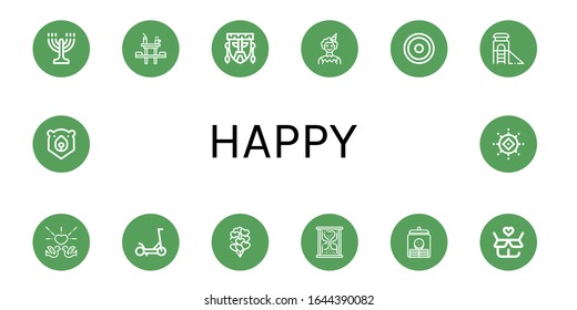 happy simple icons set. Contains such icons as Menorah, Dinner table, Mask, Clown, Sun, Slide, Love, Scooter, Balloons, Cookie jar, Gift, can be used for web, mobile and logo