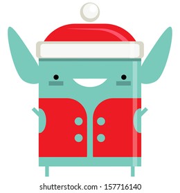 Happy simple smiling Elf Santa Claus cartoon character with hat and red vest