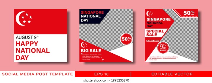 Happy Singapore National Day social media post template. With red and white colors. Suitable for social media posts and web internet ads