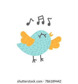 Happy Singing Bird with Music Notes Vector Illustration on White Background
