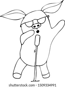 Happy singing pig with a microphone. Hand-drawn, cartoon sketch. Festive concept for postcards, invitations, congratulations. Vector illustration