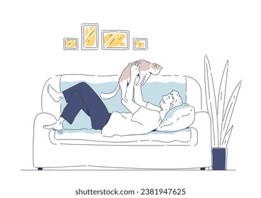 Happy single life linear concept. Man with cat lying at sofa. Comfort and coziness indoor. Young guy with pet at home. Minimalistic flat vector illustration isolated on white background