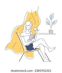 Happy single life linear concept. Woman with cup of tea and book. Comfort and coziness indoor. Template and layout. Minimalistic flat vector illustration isolated on white background