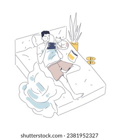 Happy single life linear concept. Man with tablet lying with cat at bed. Comfort and coziness indoor. Poster or banner. Minimalistic flat vector illustration isolated on white background