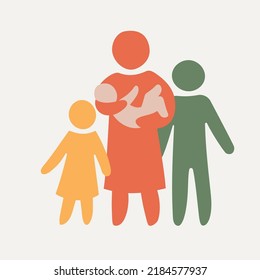 Happy Single Mom And Children. Single Parent Concept. Icon Multicolored In Simple Figures. Symbol Of Single Parenthood. Vector Can Be Used As Logotype