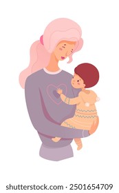 Happy single mother holding baby in hands. Care young mom with infant. Modern woman carrying little child. Colored flat vector illustration isolated on white background.