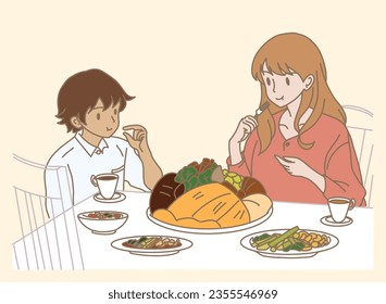 Happy single mother and son enjoying food while eating healthy food, having meal together by using hands and fork. Hand drawn flat cartoon character vector illustration.