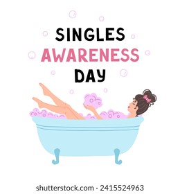 Happy Singles Awareness Day. girl bathes in a bath with foam. Vector Illustration for backgrounds and packaging. Image can be used for greeting card, poster and sticker. Isolated on white background.