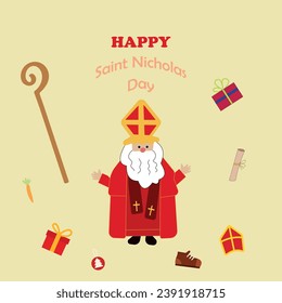 Happy Sinterklaas Day. December 5. Saint Nicholas Day celebration. Saint Nicholas Day background. Cartoon Vector illustration Template for Poster, Banner, Greeting, Card, Flyer, Cover.December 6. 