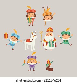 Happy Sinterklaas day - Sinterklaas horse and friends celebrate holidays - vector illustration
