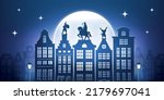 Happy Sinterklaas day. Silhouette of Saint Nicholas on background of moon and city buildings. Greeting card for Dutch holiday celebration. Design element for website. Cartoon flat vector illustration