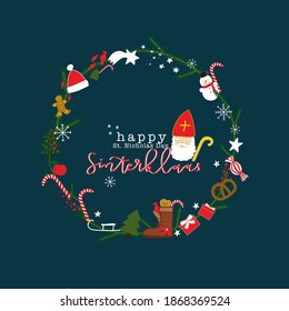 Happy Sinterklaas Happy St. Nicholas Day Cute Card Design Wreath with Christmas Items Illustration On Navy Blue Background