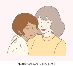 Hermana feliz, mejores amigos. Adolescentes multiétnicas abrazándose. Dos mujeres jóvenes abrazándose. Dibujado a mano Ilustración vectorial de personaje de dibujos animados.