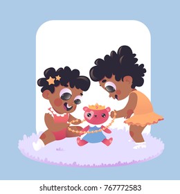 Happy sisters playing with teddy bear. Cute cartoon girls.
