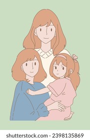 Happy sisters portrait. Group of different ages sibling. Hand drawn flat cartoon character vector illustration.