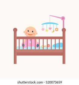 Happy sitting baby is in  the crib. Flat design.