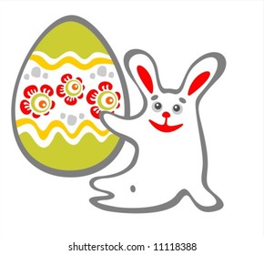 Happy sitting bunny and easter egg  isolated on a white background. Easter illustration.