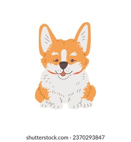 Happy sitzender Korgi-Hund, Frontansicht flach, Vektorgrafik einzeln auf weißem Hintergrund. Dekorative Gestaltungselemente für Postkarten oder Banner, süßes Lächeln, Haustier