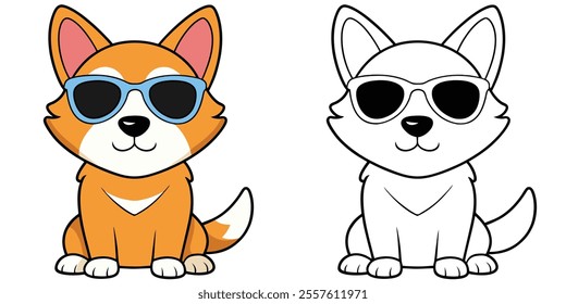 Happy Sitting Dog Wearing Eyeglasses Cartoon Coloring Page For Kids. Animal Cartoon Coloring Book Printable
