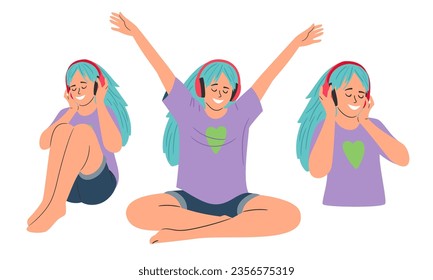 Happy sitting girl in headphones listening to music. Vector of young girl in headphones, music or studying with audiobook illustration