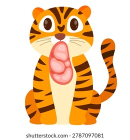happy sitting tiger chewing large meat for tiger day