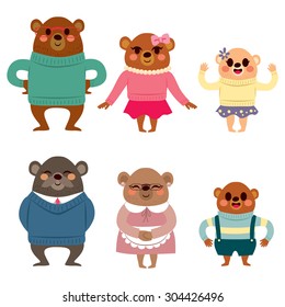 Happy six member bear family characters in warm clothing happy smiling