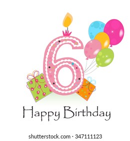 Happy sixth birthday card vector with gift box and balloons
