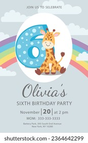 Happy sixth birthday with giraffe baby girl invitation card vector