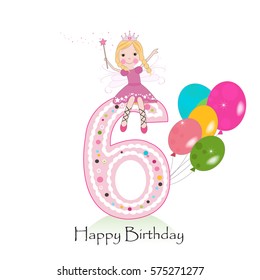 Happy sixth birthday greeting card with fairy tale