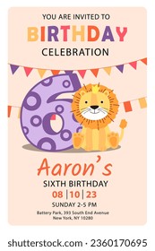 Happy sixth birthday with lion baby boy invitation card vector