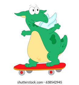 A happy skateboard green dragon. Vector flat design illustration