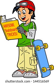 Happy Skateboarder Reading a Book of Skateboard Tricks