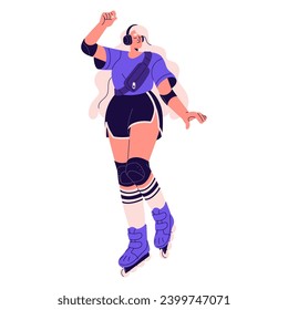 Happy skater listening to music with headphones, dancing. Girl in retro socks roller skates. Young woman rollerblading. Active summer leisure. Flat isolated vector illustration on white background