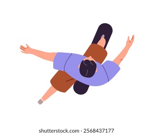 Happy skater skates, stands on board top view. Seen above head teen boy rides on skateboard. Teenager has fun on longboard outdoors overhead. Flat isolated vector illustration on white background