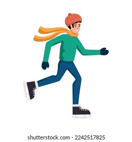Happy skating man wearing scarf and hat flat vector illustration