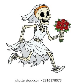 Happy skeleton bride running