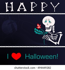 happy skeleton with a flower on the background of the cemetery at night. Congratulations on Halloween