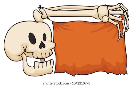 Happy skeleton holding an orange ripped fabric with blank space with its bony arm, isolated over white background.