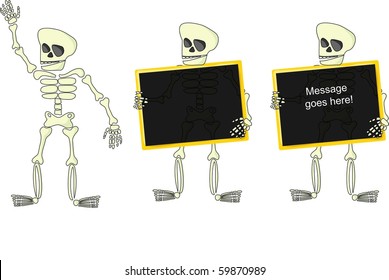 Happy skeleton holding a sign