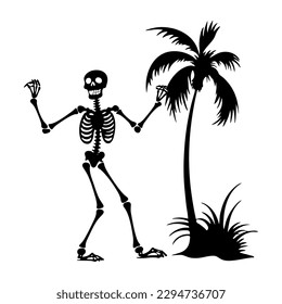 Happy skeleton on the beach, palm tree summer vacation. Black and white illustration. Vector on white isolated background. Good for packaging, logo, and decor.
