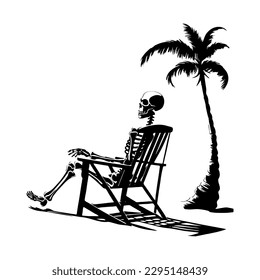 Happy skeleton on the beach, palm tree summer vacation. Black and white illustration. Vector on white isolated background. Good for packaging, logo, and decor.