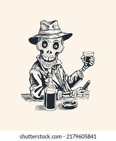 A happy skeleton in suit   hat is having drink in bar   smoking cigar  Vector illustration
