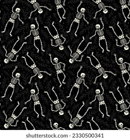 Happy skeletons dancing on black background with leaves and stars. Seamless pattern for printing on fabric for Halloween and Day of Dead.