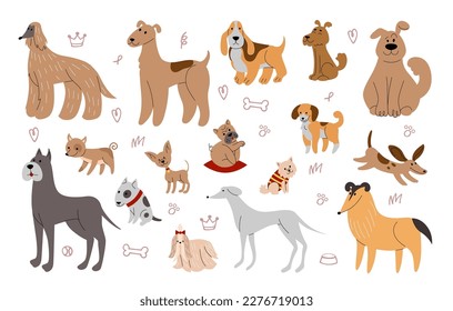 Happy sketch dogs. Doodle pretty pets. Cute domestic animal portraits. Funny puppy poses. Nature kids actions. Purebred mammals. Canine breeds. Mastiff and terrier. Vector tidy design set