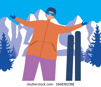 Happy skier at a ski resort. Flat vector stock illustration. Skiing in the snow, man or woman on vacation in winter. Ski resort concept, extreme sports