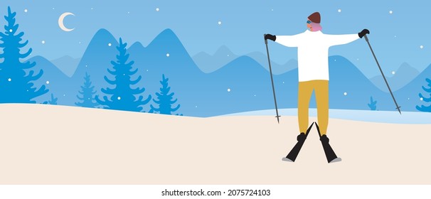 Happy skier skiing, ski resort. Flat vector stock illustration. Skiing as a leisure activity. Ski resort with snow. People are happy. A seasonal hobby or leisure. Winter vacation. Vector illustration