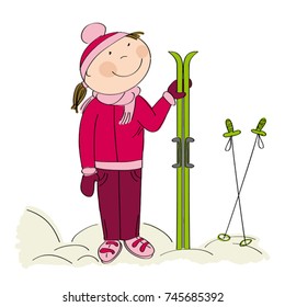 Happy skier, standing and holding ski - original hand drawn illustration