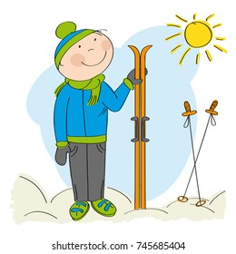 Happy skier, standing and holding ski - original hand drawn illustration