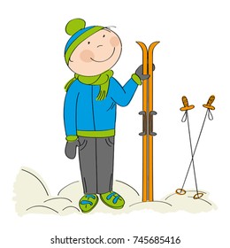 Happy skier, standing and holding ski - original hand drawn illustration